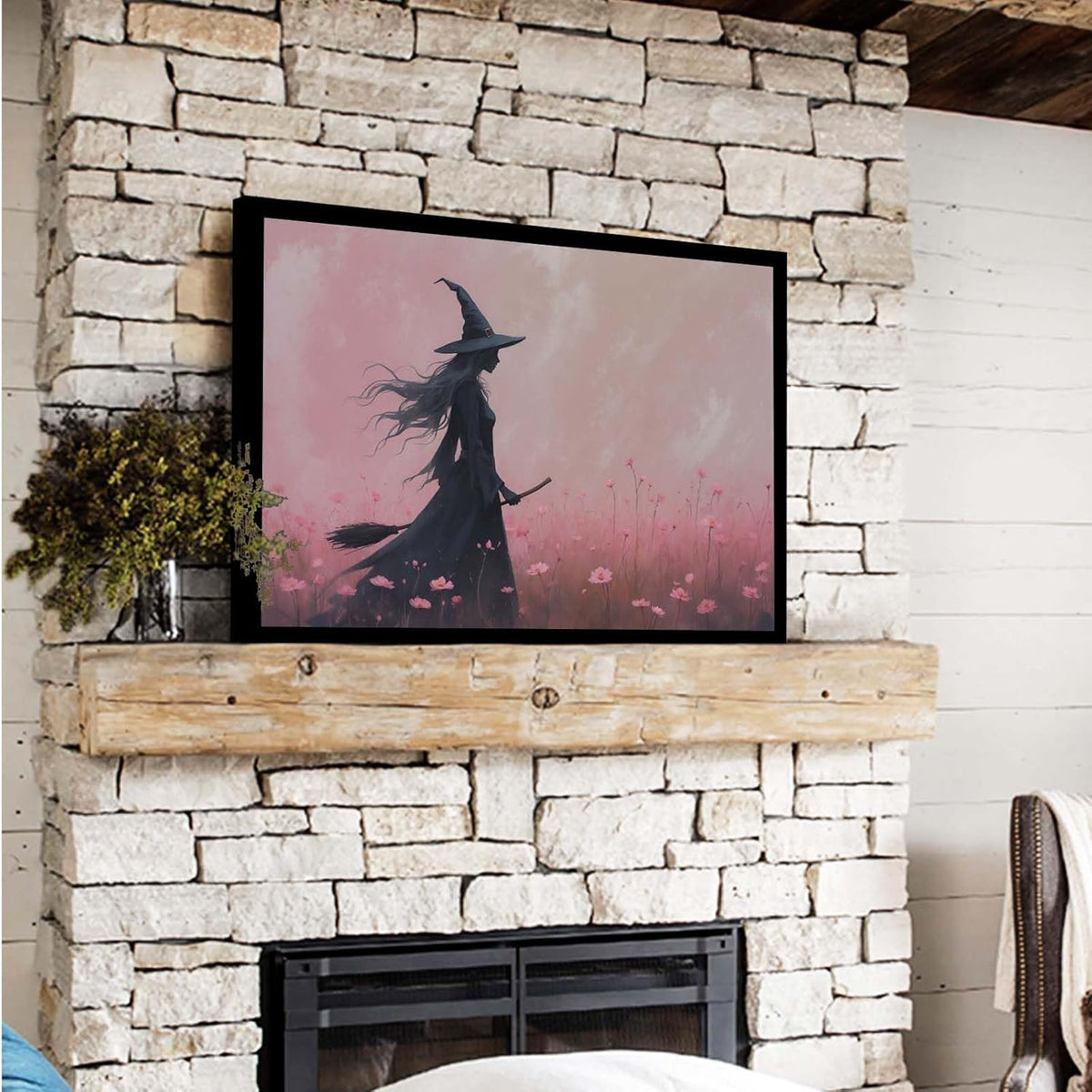 JFHCQJPK Witch in the pink sea of flowers Halloween prints weird flowers wall art silhouette painting fashionable romantic decoration suitable for bedroom16x24in Metal blackFramed