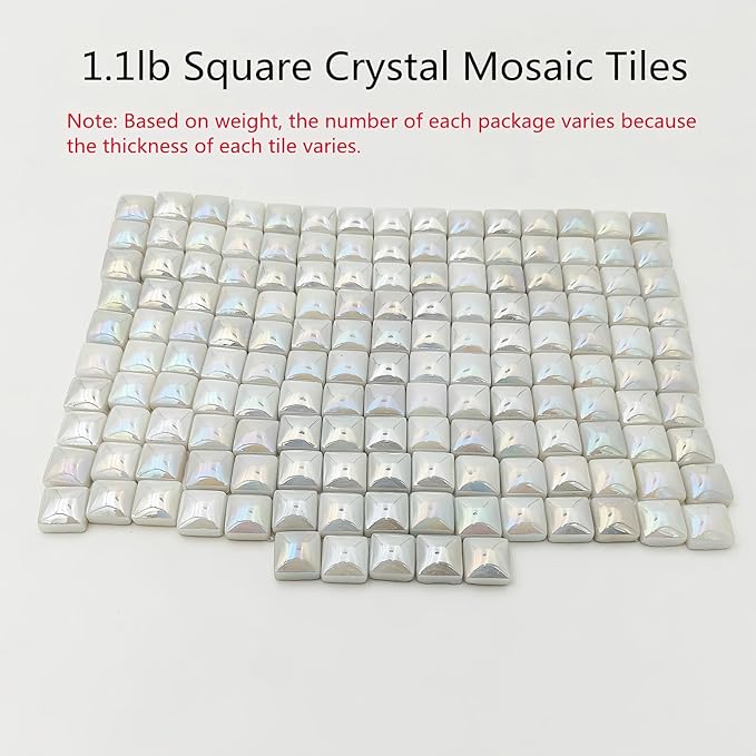 1.1lb Crystal Glass Mosaic Tiles for Crafts, 0.6"x 0.6" Square Mosaic Glass Pieces for Artwork,Garden Kit Decor (Plated White)