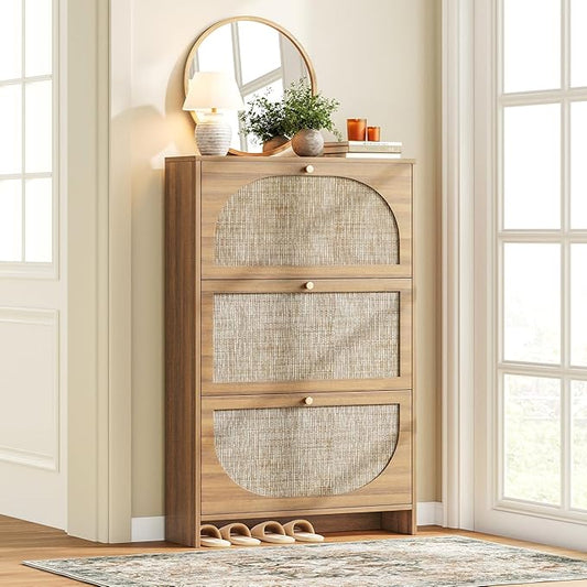 Nicetree Freestanding Ultra Slim Arched Rattan Accent Shoe Storage Cabinet for Entryway - 3 Flip Drawers & 3-Tier Adjustable Shelves, Farmhouse Modern Rustic Shoe Rack for Hallway Foyer,Oak