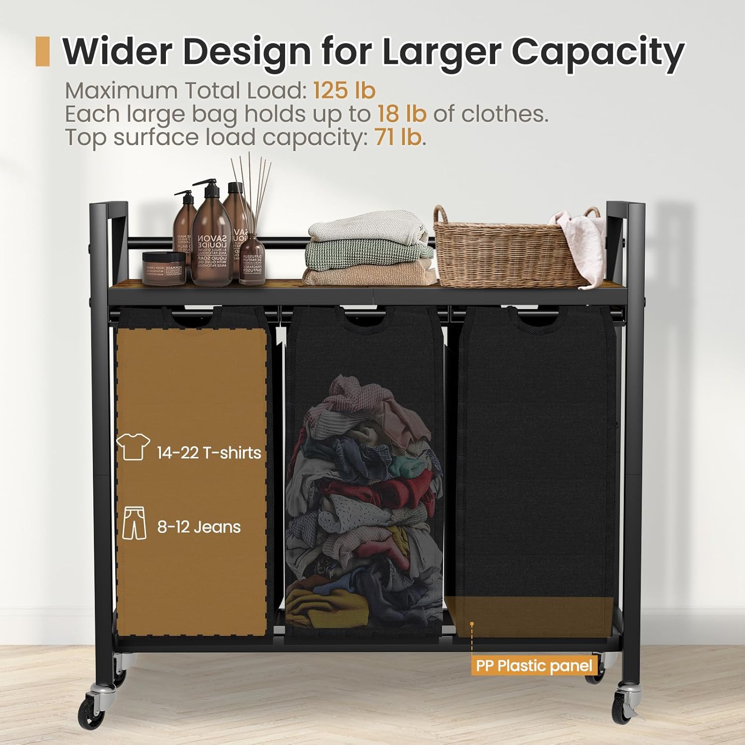 Laundry Hamper, Laundry Basket, Laundry Sorter with 3 Removable Bags, Clothes Basket with 3 Compartments, Wheels, Shelf for Laundry Room Bathroom Bedroom (3 Bags-Black) - NestledHome