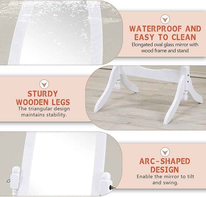 Full Length Mirror with Stand, Swivel Adjustable Oval Wood Cheval Floor Mirror, Dressing Cheval Mirror for Bedroom Livingroom, Interior Gift Idea (White)
