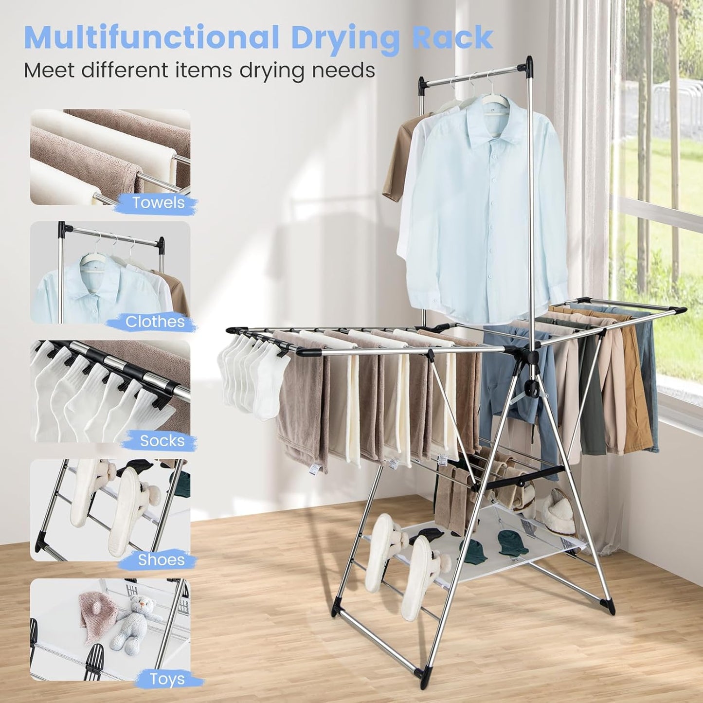 Giantex Clothes Drying Rack, Foldable Laundry Drying Rack with with 6-Level Adjustable Height, High Hanger Design, Side Clips, Space Saving Collapsible Laundry Drying Rack - NestledHome