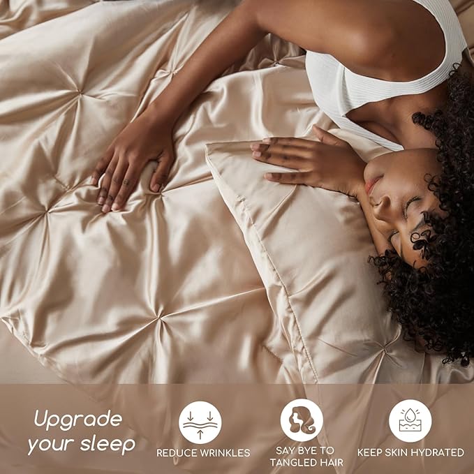 MR&HM Satin Comforter Full 7 Pieces - Luxurious Pinch Pleat Bedding Set with Comforter, Flat Sheet, Fitted Sheet, Pillowcases & Shams, Super Silky Soft Bed Set for All Season (Full, Champagne)