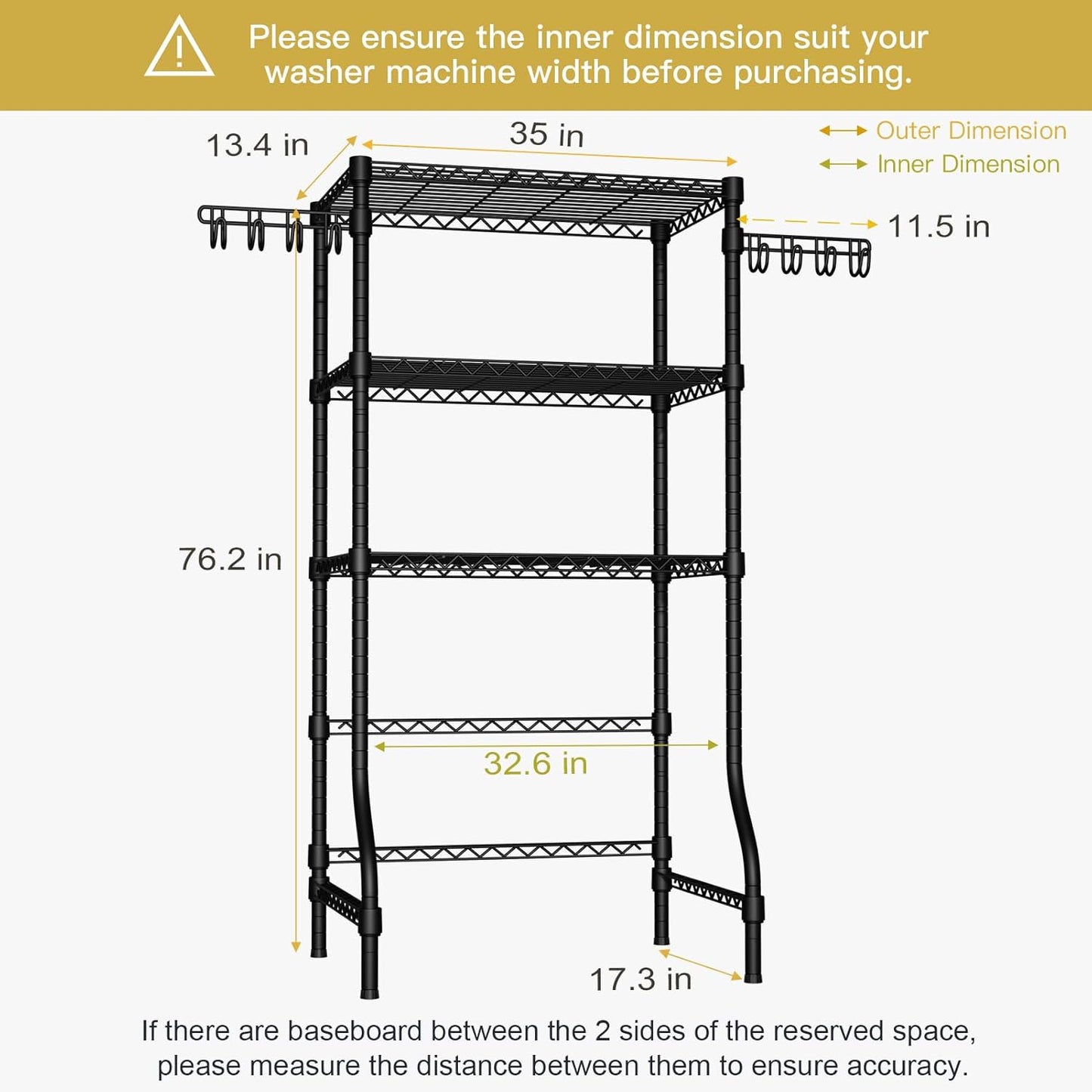 Ulif U8 Laundry Room Storage Organizer, Over The Washer and Dryer Storage Shelves for Laundry Organization, 35" W x 17.3" D x 76.2" H, Suit Washing Machine Width Within 32.6", Hold 304 lb, Black - NestledHome