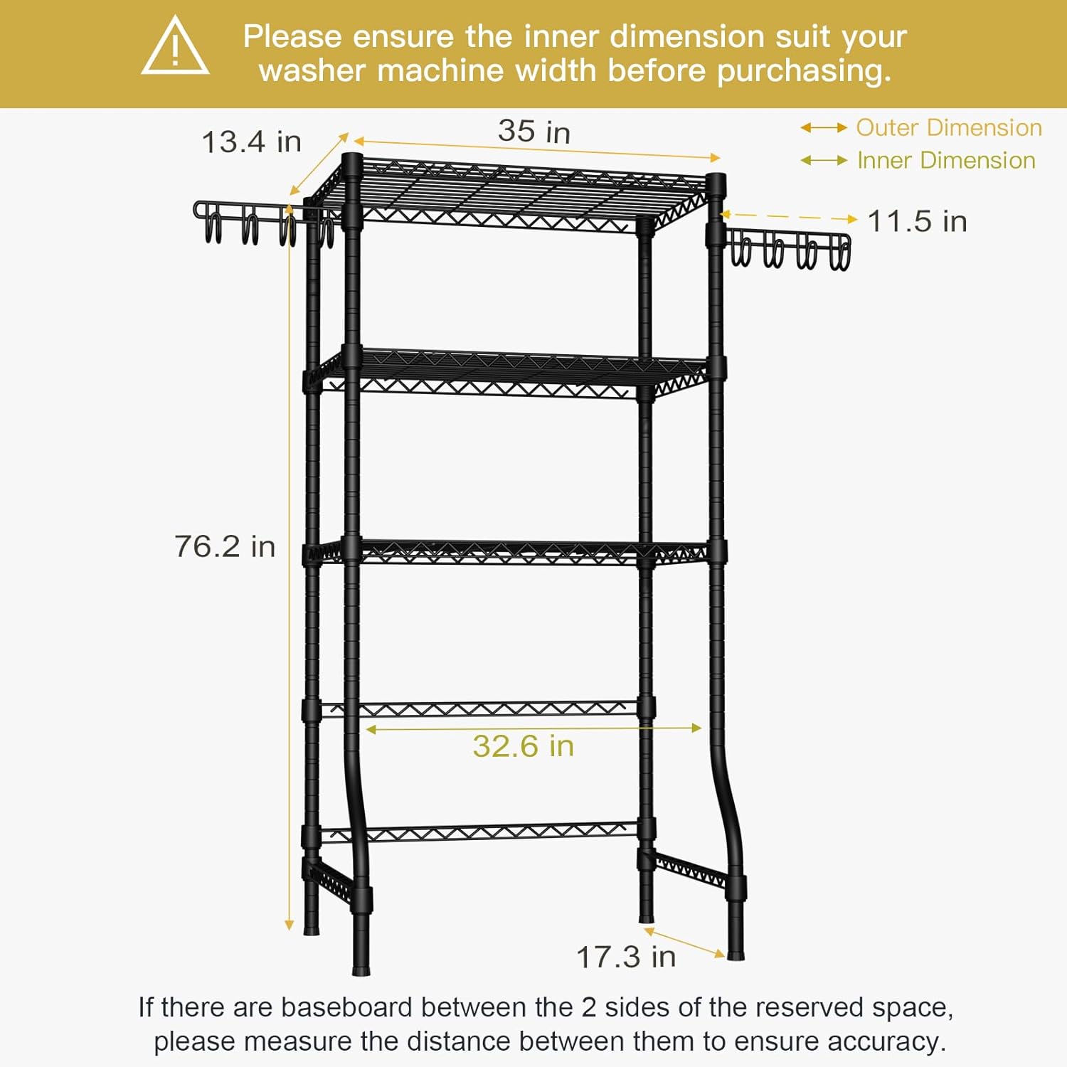 Ulif U8 Laundry Room Storage Organizer, Over The Washer and Dryer Storage Shelves for Laundry Organization, 35" W x 17.3" D x 76.2" H, Suit Washing Machine Width Within 32.6", Hold 304 lb, Black - NestledHome