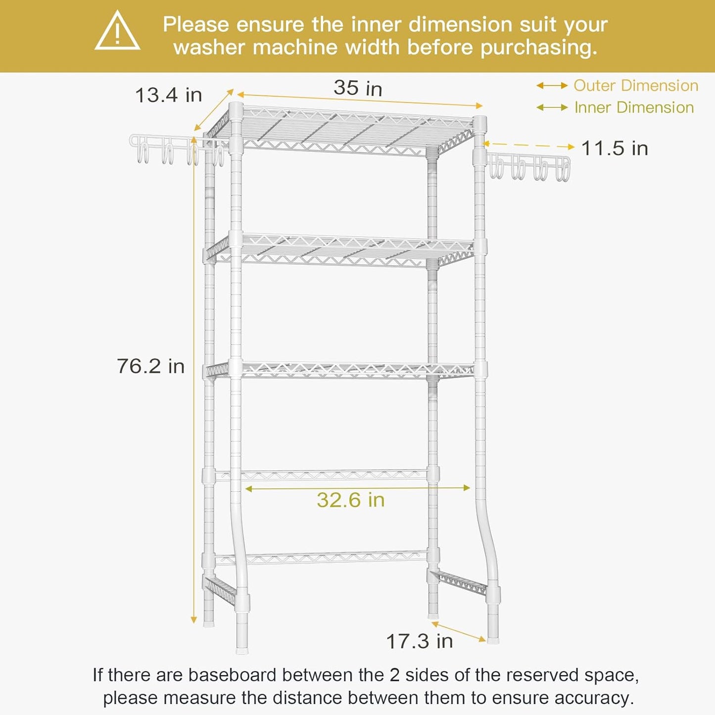 Ulif U8 Laundry Room Storage Organizer, Over The Washer and Dryer Storage Shelves for Laundry Organization, 35”W x 17.3”D x 76.2”H, Suit Washing Machine Width Within 32.6”, Hold 304 lb, White - NestledHome