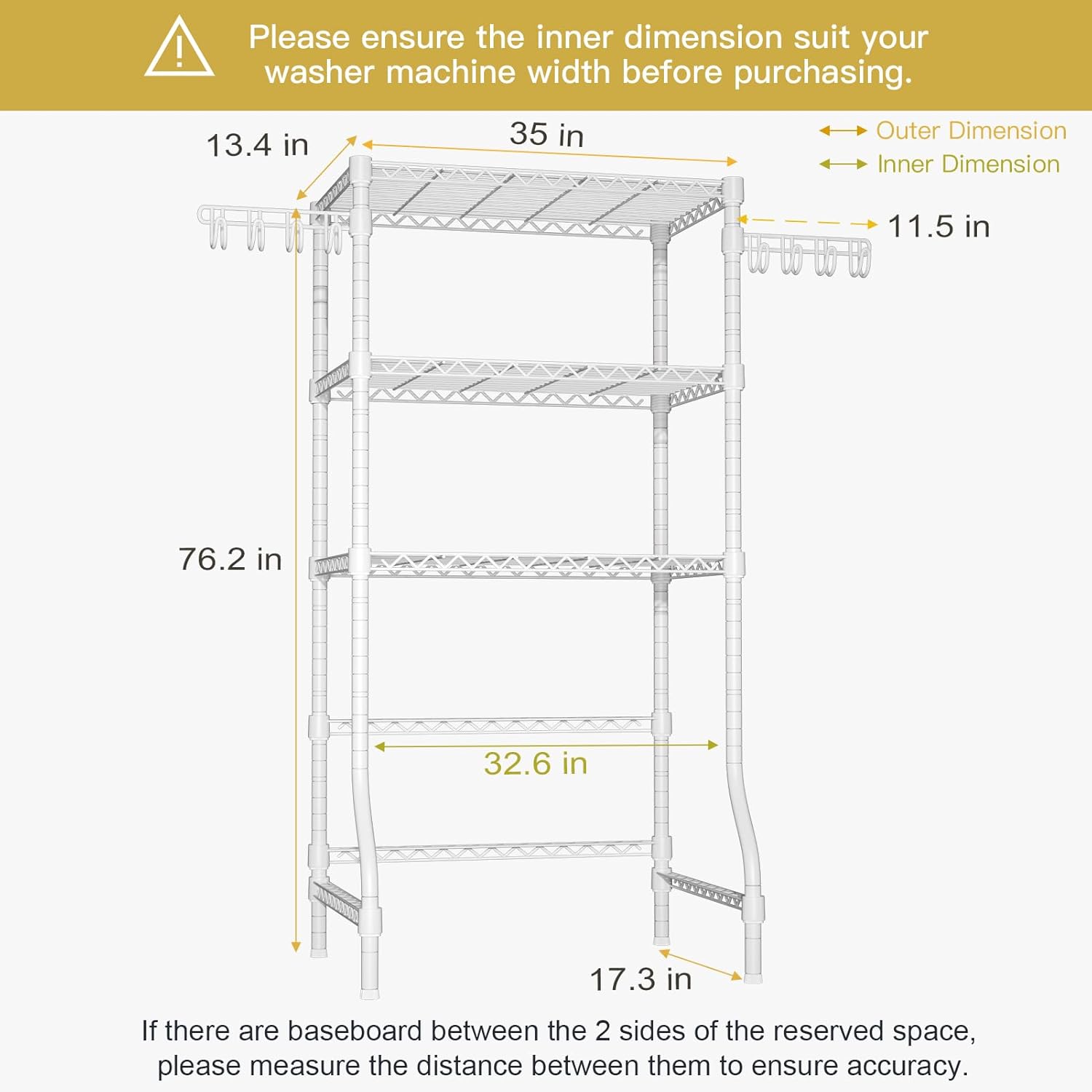 Ulif U8 Laundry Room Storage Organizer, Over The Washer and Dryer Storage Shelves for Laundry Organization, 35”W x 17.3”D x 76.2”H, Suit Washing Machine Width Within 32.6”, Hold 304 lb, White - NestledHome