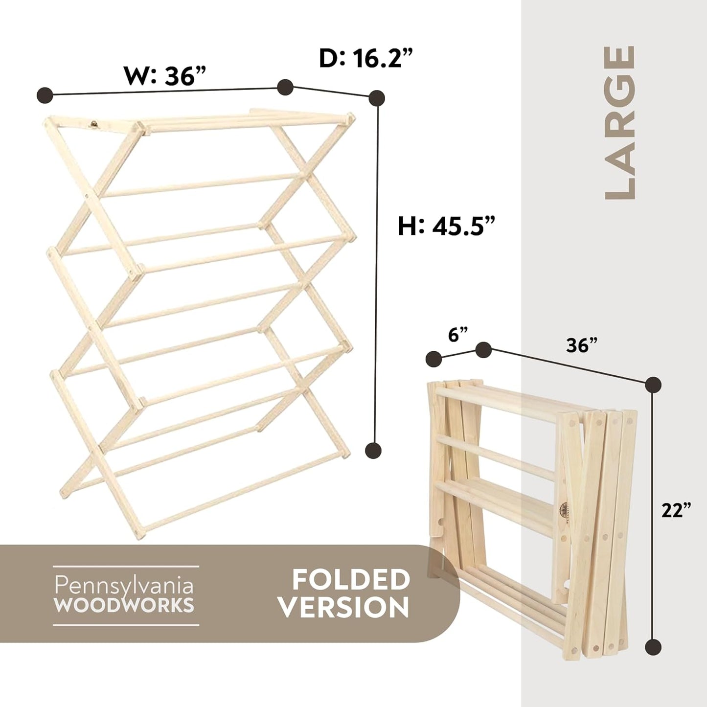 Pennsylvania Woodworks Premium American Maple Clothes Drying Rack - Handcrafted in Pennsylvania - Solid Wood Construction, Collapsible, Eco-Friendly Laundry Solution (Large) - NestledHome