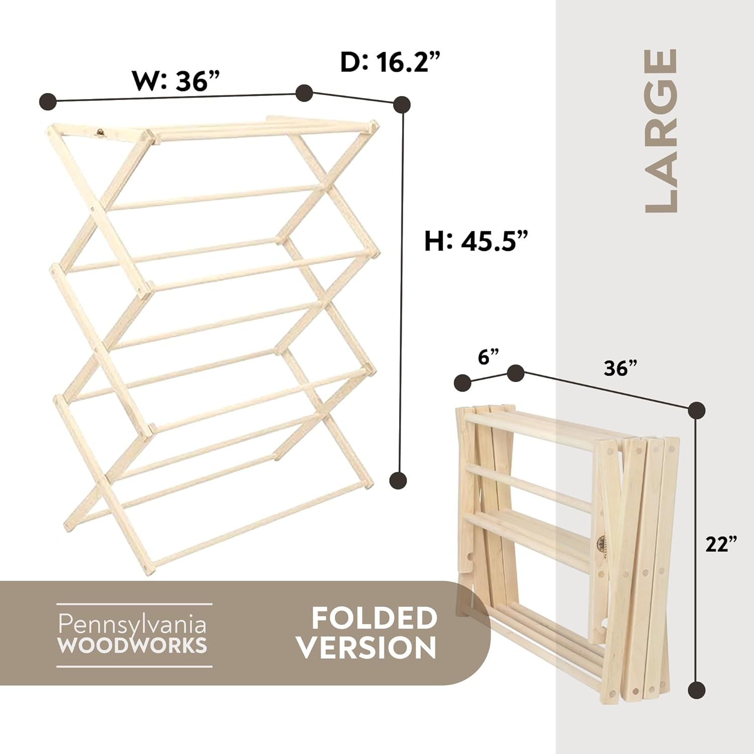 Pennsylvania Woodworks Premium American Maple Clothes Drying Rack - Handcrafted in Pennsylvania - Solid Wood Construction, Collapsible, Eco-Friendly Laundry Solution (Large) - NestledHome