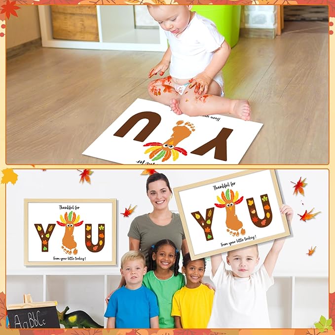Thanksgiving Turkey Footprint Art Craft DIY Kit Brown Fall Thanksgiving DIY Gifts Thankful for You Little Turkey Footprint Keepsake with Wood Frame for Mom Dad Friend Holiday Activities 12x16 Inch