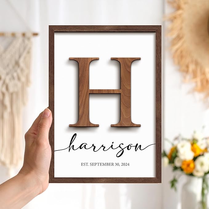 Personalized Family Name Sign, Custom Monogram Wooden Last Name Frame, Wedding Gifts for Couples, Birthday Gifts Mothers Day, Fathers Day, Family Home Sign Wall Decor for Living Room Bedroom