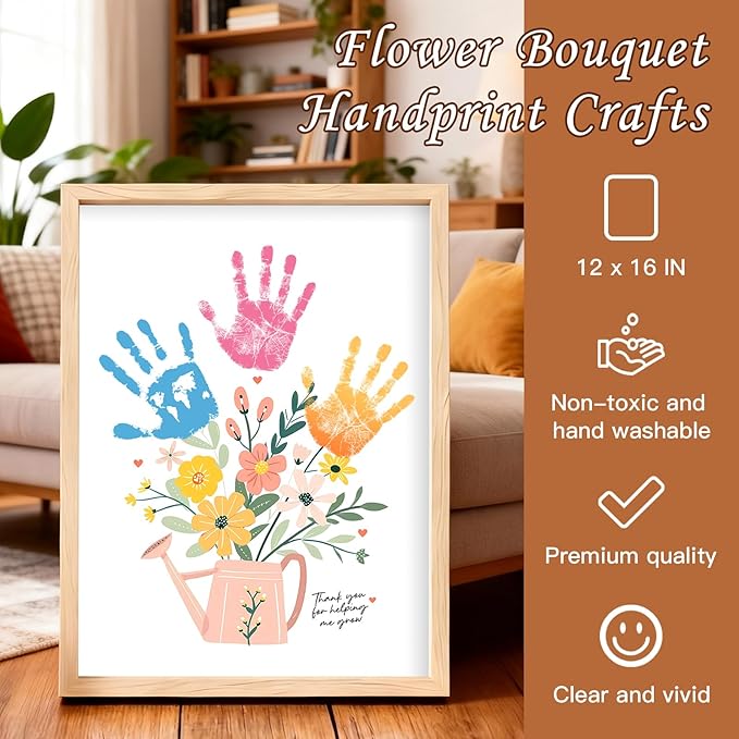 Totomogug Handprint Flower Bouquet Art Kit – 2 Large Sheets (12"x16") with Wood Frame, Non-Toxic 6-Color Inkpad, DIY Keepsake Craft Gift for Mom & Grandma for Mother's Day Birthday Thanksgiving