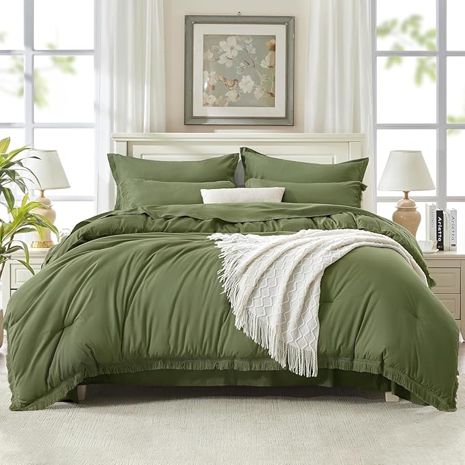 Andency Oversized King Comforter Set with Sheets 120x120 Olive Green - 7 Pieces Boho Tassel Bed in a Bag Soft Lightweight Bedding Sets, Fringe Bed Set with Comforter, Sheets, Pillowcases & Shams