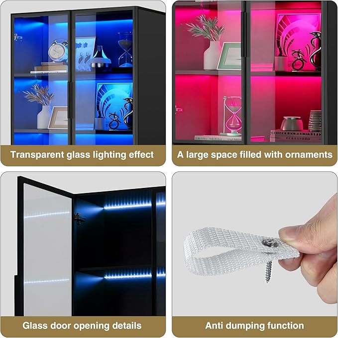 Black Display Cabinet,78 Inch High Bookshelf, Multi-Color LED Ambient Lighting, 6-Story Large Storage Space, Transparent Tempered Glass Door, Suitable for Bedrooms, Living Rooms, Offices