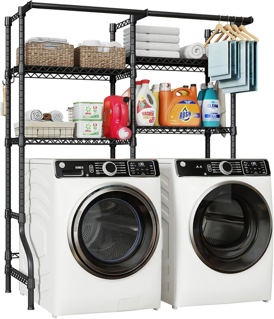 U14 Over Washer and Dryer Storage Shelves, 4 Tiers Laundry Room Storage and Organizer System, Space Saving Clothes Drying Rack with 2 Clothes Hanger Rods, 66.5" W x 20.5" D x 77.4" H, Black - NestledHome
