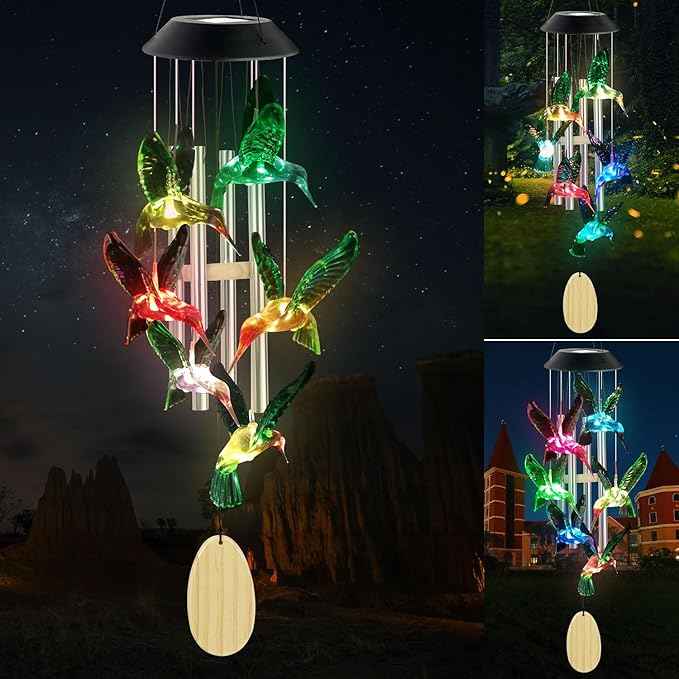 Solar Wind Chime, Solar Hummingbird Wind Chimes Outdoor/Indoor(Gifts for Mom/Grandma/Sister/Friend) Outdoor Decor,Yard Decorations Mom's Wind Chimes,