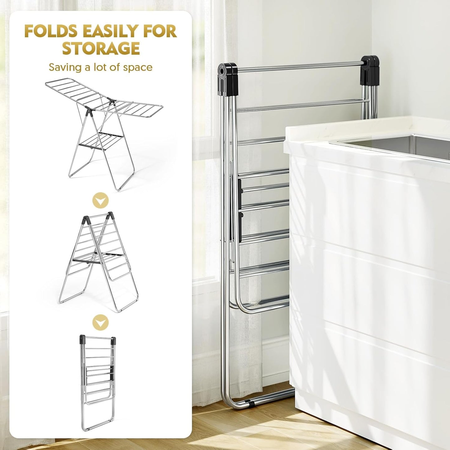 APEXCHASER Clothes Drying Rack, Drying Rack Clothing with Height-Adjustable, Foldable Gullwings Laundry Rack, Indoor Outdoor Use, No Assembly,Black - NestledHome