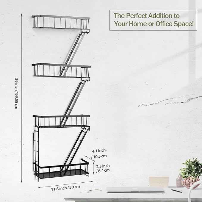 Fire Escape Wall Shelf 4 Tier - NYC Decorative Floating Shelf Black Metal Book Shelves for Home Office Apartment Organizer and Display