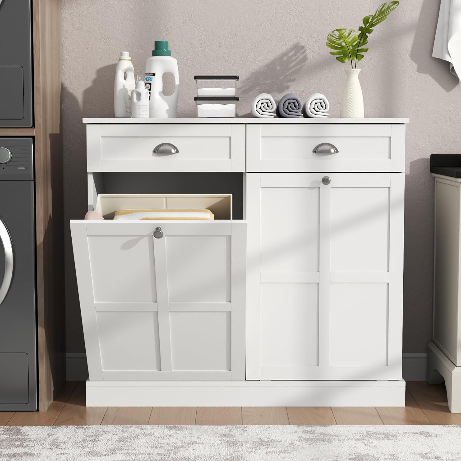 Loomie Double Tilt Out Laundry Hamper Cabinet, Hidden Laundry Cabinet with 2 Drawers & 2 Baskets, 30 Gallon Trash Can for Bathroom, Kitchen, White - NestledHome