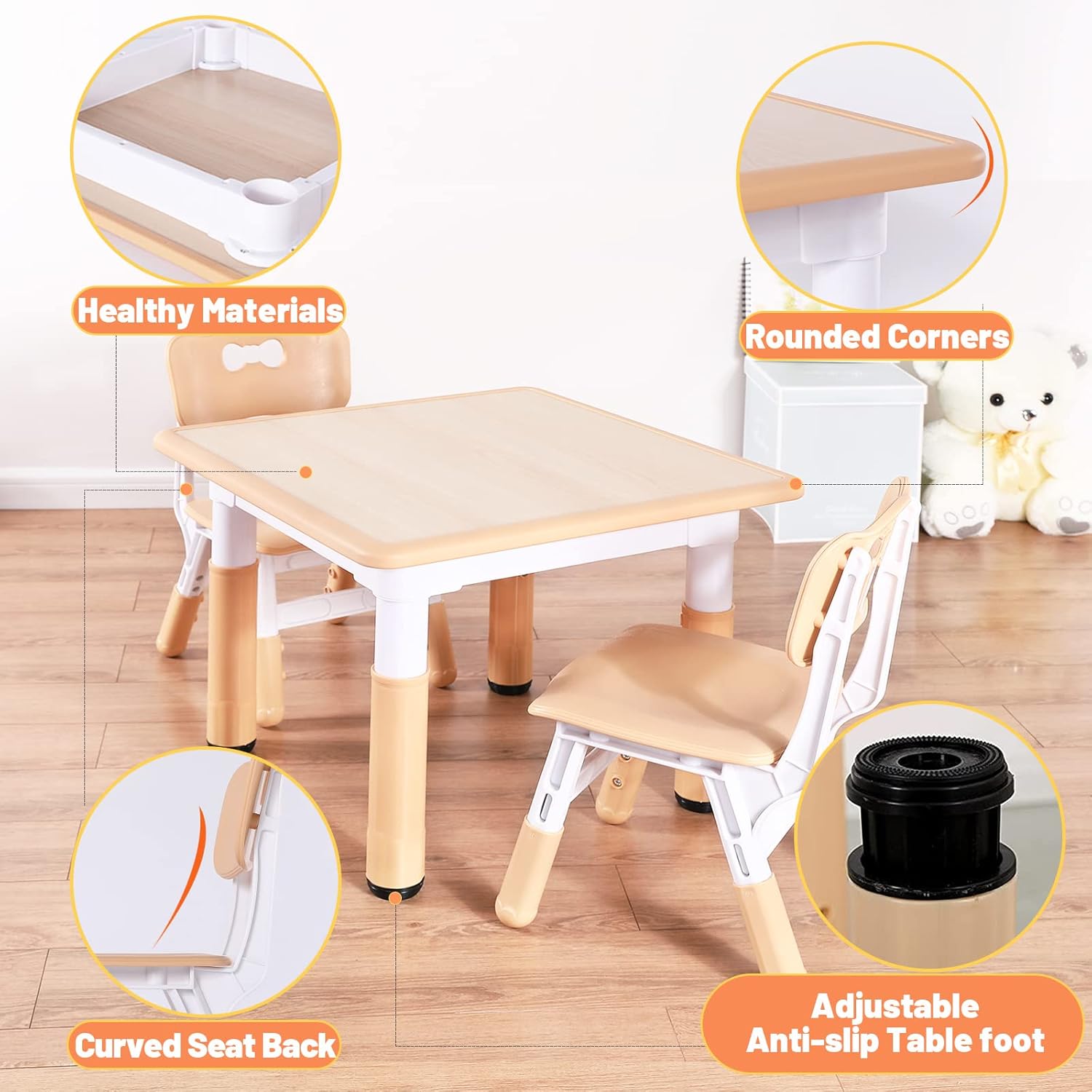 FUNLIO Kids Table and 4 Chairs Set, Height Adjustable Toddler Table and Chair Set for Ages 3-8, Easy to Wipe Arts & Crafts Table, for Classrooms/Daycares/Homes, CPC & CE Approved（5-Piece Set） - NestledHome