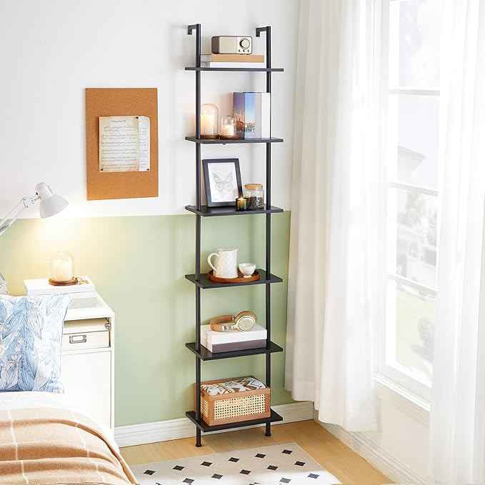HOOBRO DIY Ladder Shelf, 6-Tier Wooden Wall Mounted Bookshelf, Narrow Bookcase, Display Shelf, Storage Rack, Plant Stand, for Living Room, Bedroom, Study, Balcony, Black BB651CJ01