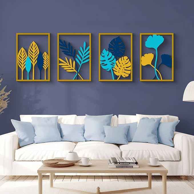 Glamativity Large 4 Pcs Colorful And Black Double-Sided Gold Leaf Metal Wall Art, 22.5 x 15.7'' Botanical Abstract Wall Décor Metal Leaf with Frame, 3D Textured Sculptures, Modern Wall Art With Ginkgo Biloba Design for Living Room Bedroom Bathroom Stud...
