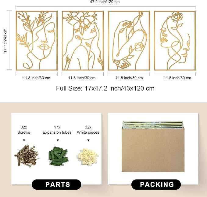 Glamativity 4 Pack Gold Wall Art Decor, Female Flower Face Lover Minimalist Décor Single Line Art Wall Décor, Real Metal Wall Art, Woman's Body Shape Abstract Wall Art, for Kitchen Bedroom Living Room (Gold Floral Lady Style, M Size 17 x 11.8'')
