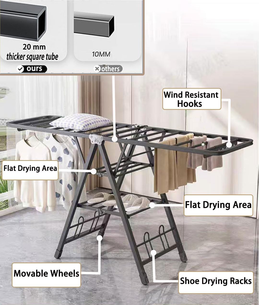 Mimiblack Heavy Duty Clothes Drying Rack Foldable with Wheels, 71'' Extra-Thick Metal Laundry Dryer Stand, 27 Rods Free-Standing for Indoor/Outdoor Windproof Use - Large Size - NestledHome