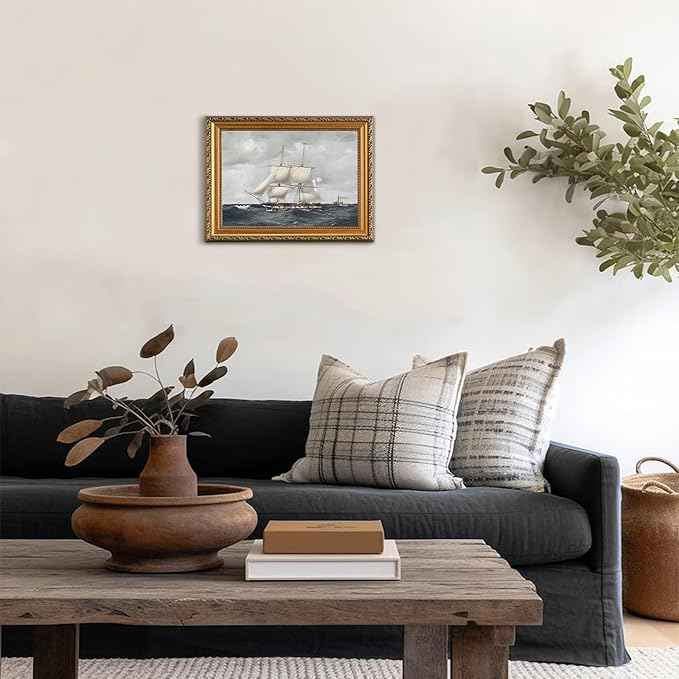 uniro Vintage Gold Framed Wall Art for Home Decor, Farmhouse Wall Decor Seascape Canvas Artwork, Antique Sailing Ship Wall Art Picture, Rustic Vintage Sailboat Art Prints Aesthetic Picture for Bedroom, Living Room, Desktop Decor- 11x14Inch