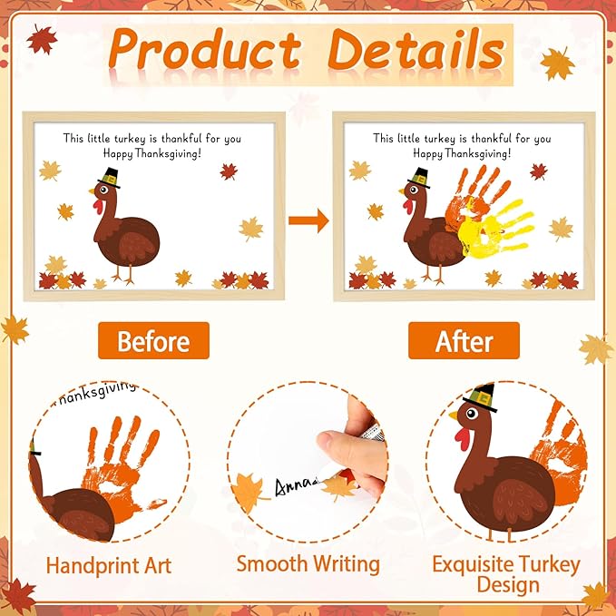 Thanksgiving Turkey Handprint Art Craft DIY Kit Happy Thanksgiving DIY Gifts Fall Thankful Little Turkey Family Handprint Art Keepsake with Wood Frame for Mom Dad Friend Holiday Activities 12x16 Inch