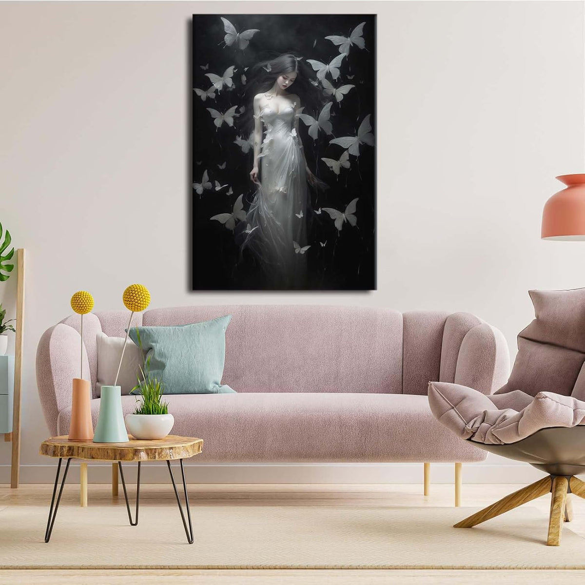 Vintage Gothic Feminine Canvas Wall Art Print Butterfly Poster Moody Female Wall Art Retro Artwork Dark College Decor for Home Bedroom8x12in Wood Framed