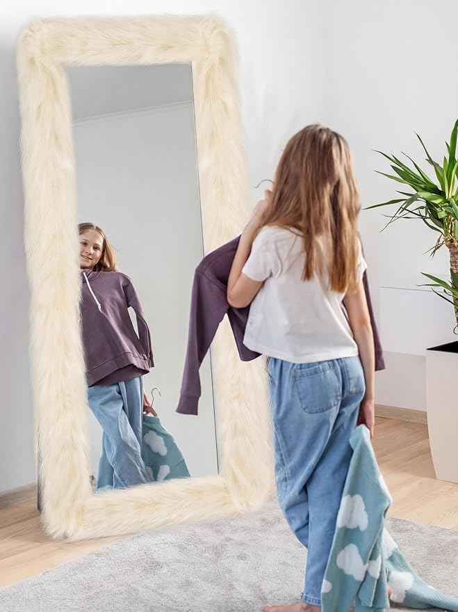 Geelin Full Length Mirror Cover 59 x 16 Inch Universal Ultra Soft Non Slip Design Fluffy Length Standing Mirrors Cover Decoration for Bedroom Cloakroom Women Gifts (Cream White)