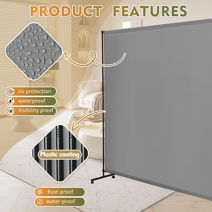 Room Divider Screen 72"x72" with Lockable Caster Wheels, Privacy Panel for Home, Office, or Classroom, Easy to Move and Secure with Brake,Height Adjustable (Gray, 72 X 72 Inches)