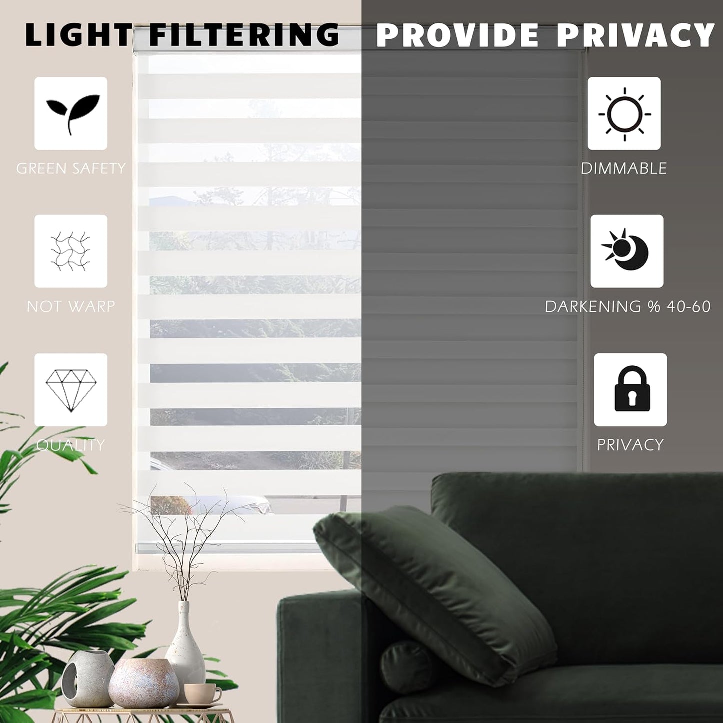 Zebra Roller Shades, Dual Layer Roll Up Blind for Living Room, Semi Sheer Shades Window Privacy Light Control for Day and Night, (Maximum Height 72inch, White Color, Width 23 inch)
