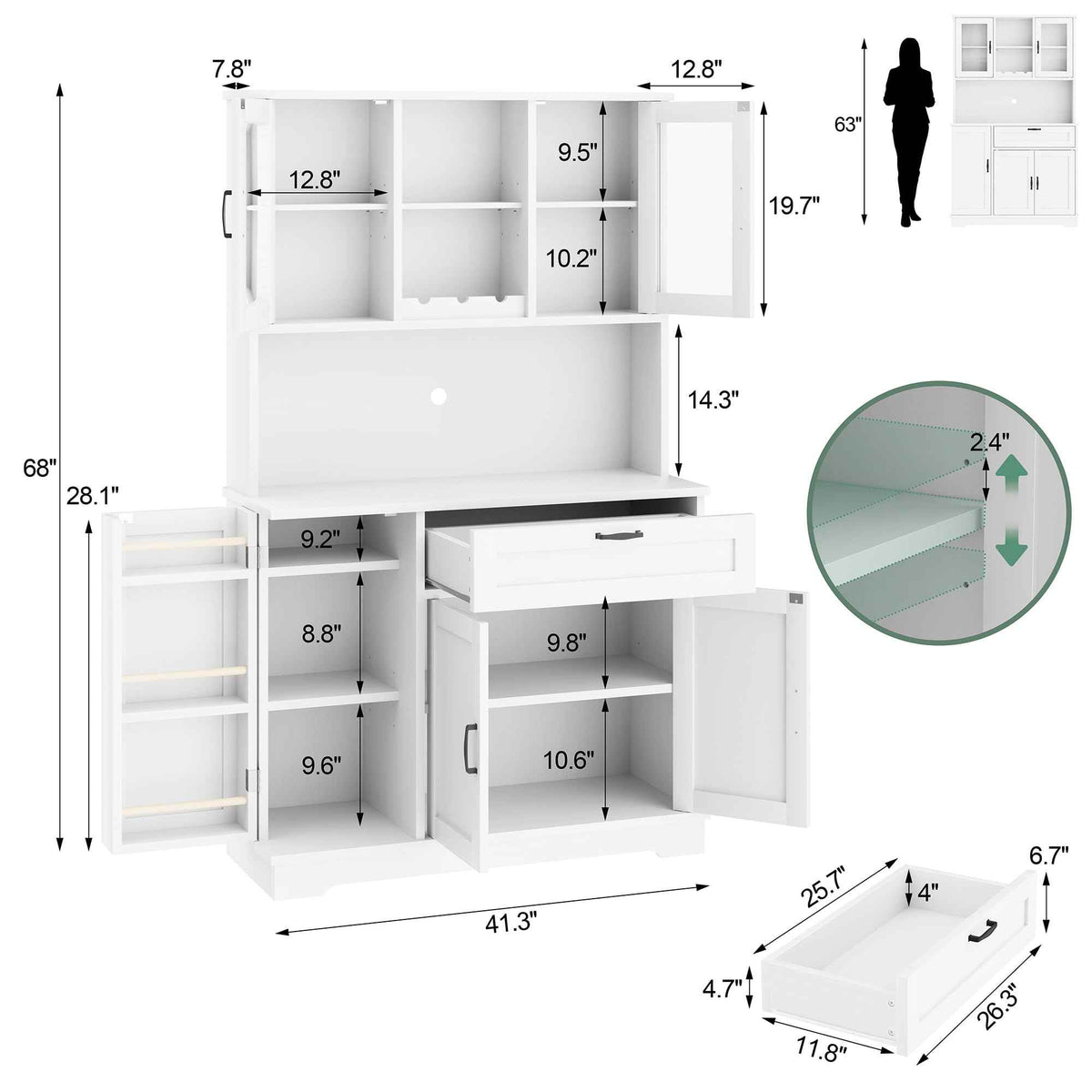 68" Kitchen Pantry Storage Cabinet