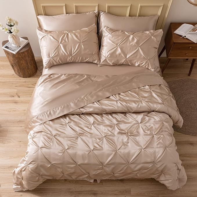 MR&HM Satin Comforter Full 7 Pieces - Luxurious Pinch Pleat Bedding Set with Comforter, Flat Sheet, Fitted Sheet, Pillowcases & Shams, Super Silky Soft Bed Set for All Season (Full, Champagne)