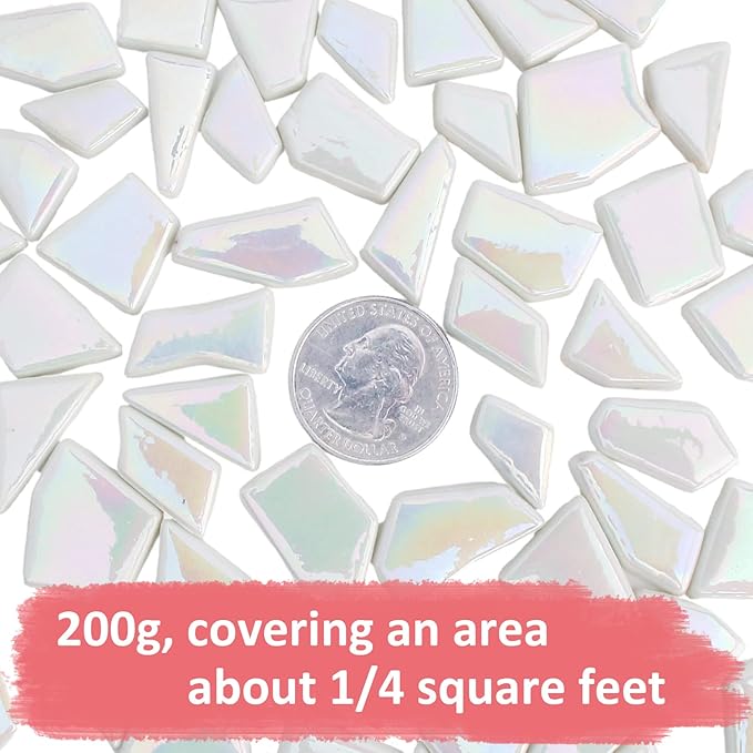 Youway Style Iridescent White Mosaic Tiles for Crafts Bulk,200g White Stained Glass Mosaic Supplies,Broken Glass Pieces for Garden Kit Crafts,DIY Mosaic Art