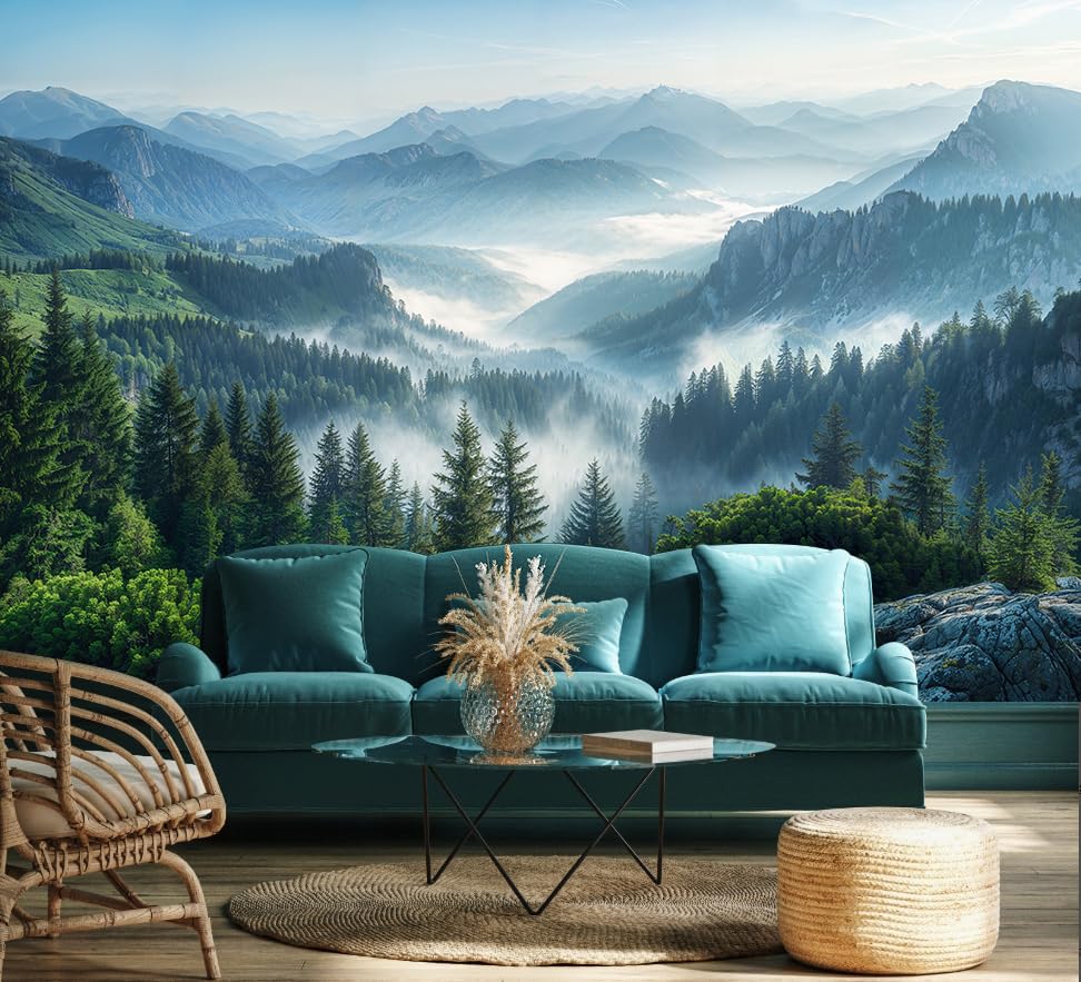 Misty Pine Forest Wall Paper Mural Peel and Stick for Living Room
