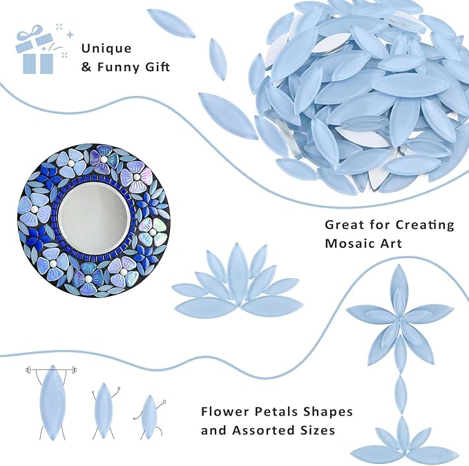 Youway Style Blue Leaf Mosaic Tiles for Crafts Bulk,200g Petal Mosaic Glass Pieces,Flower Glass Tiles for Christmas Mosaic Decorations,Garden Mosaic Supplies Kit