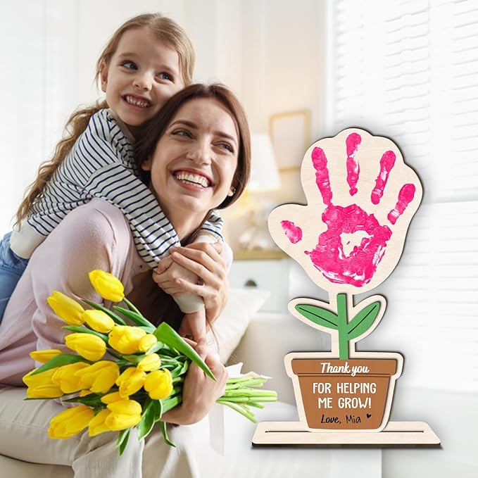 DIY Mothers Day Handprint Flower Pot Craft Wooden Hanging Sign, Baby's First Mothers Day Flower Handprint Keepsake Gift, Unique Gifts for 1st New Mom Crafts from Kids Foot Prints for Grandma Mom Mommy