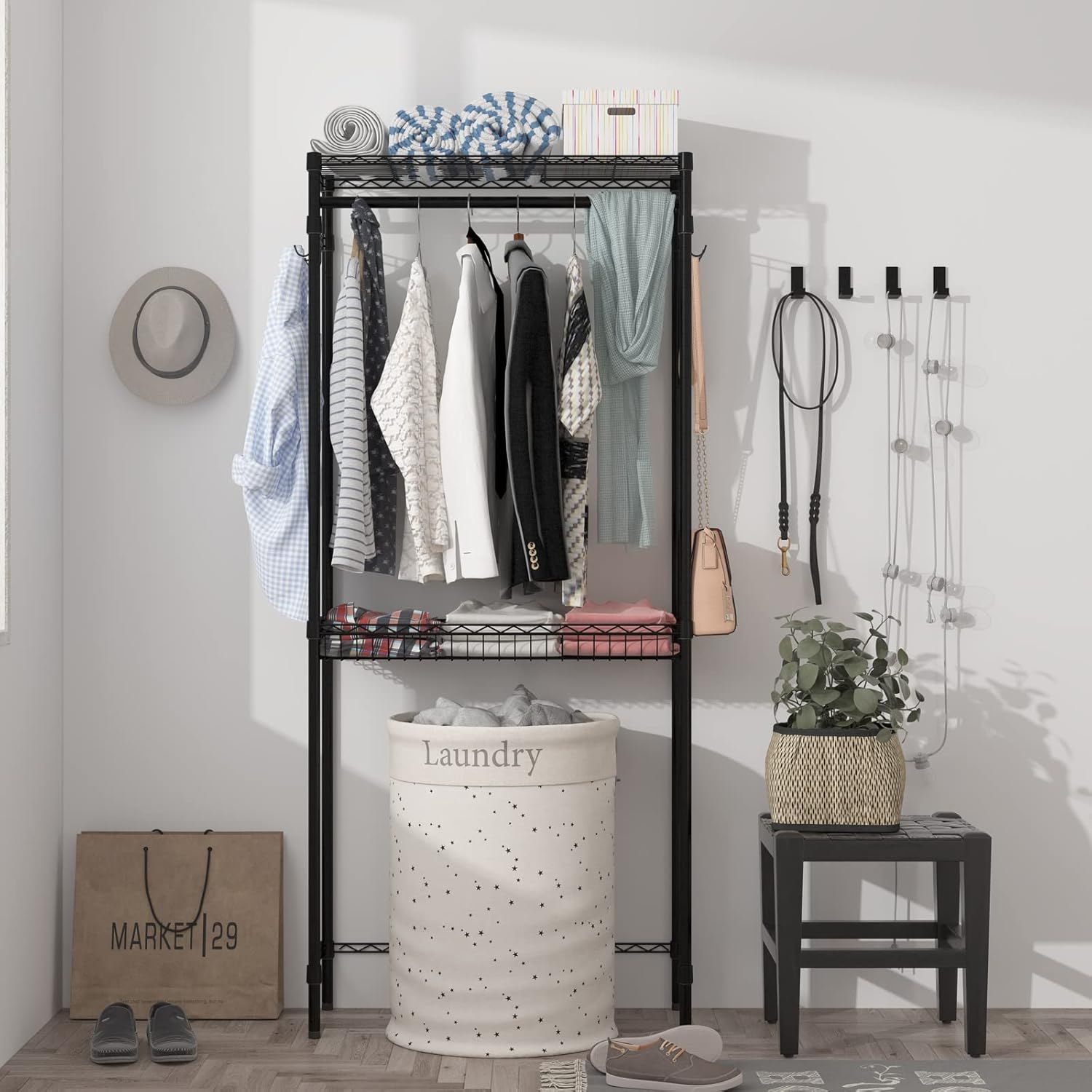 Xiofio Washer and Dryer Storage Shelf,Clothes Drying Rack,2 Tier Adjustable Height Storage Wire Basket with 2 Side Hook Laundry Shelves Used for Bathroom, Bedroom,Balcony,Black - NestledHome