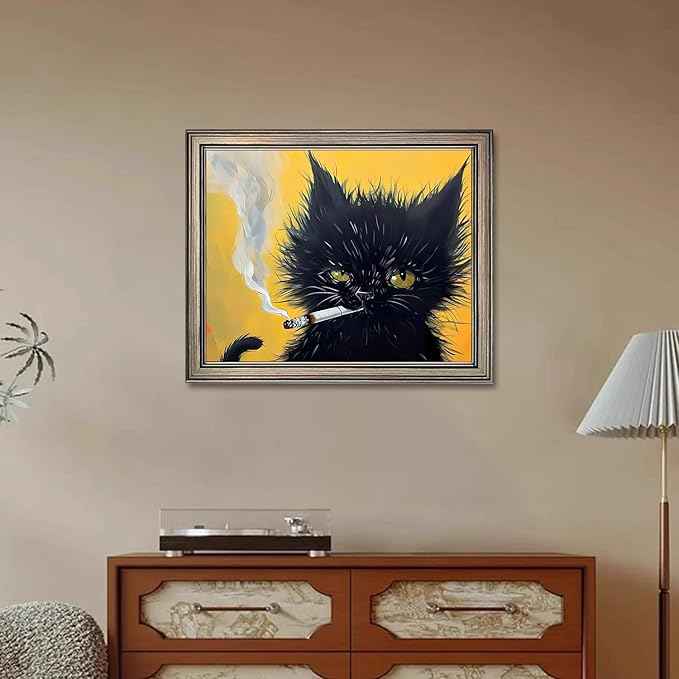 Vintage Framed Black Cat Painting Cat Portrait Wall Art Canvas Print Poster for Mens Room Living Room Bedroom Bathroom Home Decor