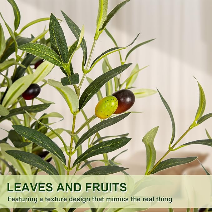 Olive Trees Artificial Indoor, 6FT Tall Faux Olive Tree with White Tall Planter, Artificial Plants with Natural Wood Trunk and Lifelike Fruits for Home Office Decor