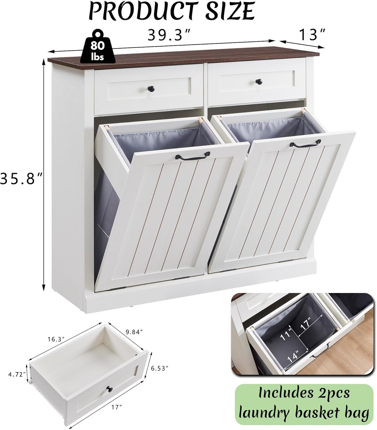 Double Tilt Out Laundry Hamper Cabinet, 20 Gallon Farmhouse Trash Can Cabinet with Drawer, Hidden Wood Garbage Can Bin Cabinets with Laundry Storage Basket for Bathroom, Kitchen (Antique White) - NestledHome