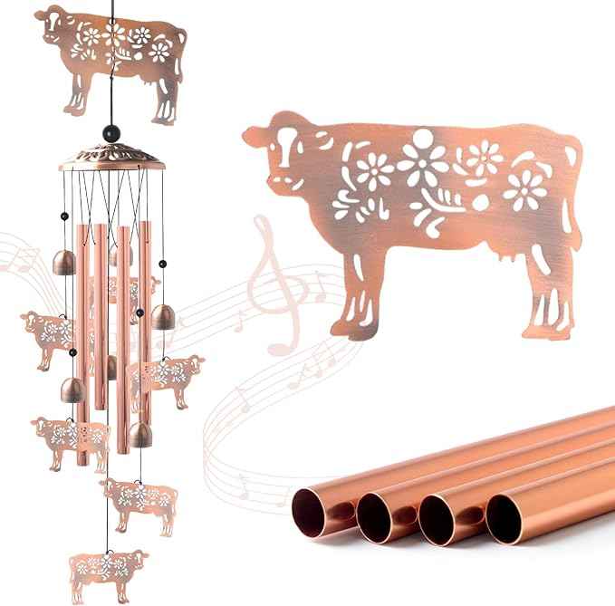 Cow Gifts for Women,Handcrafted Brass Ox Bulldog Wind Chimes Outdoor,Birthday Gifts for Men/Mom/Grandma Cow Metal WindChimes Outside/Indoors, Lawn, Patio, Garden Decor, Yard Decorations