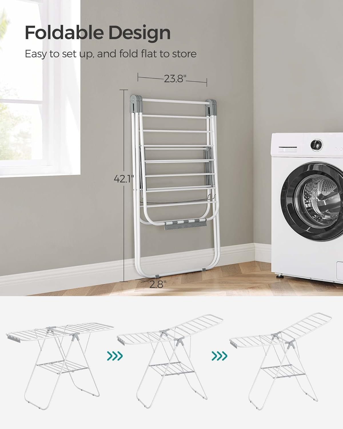SONGMICS Clothes Drying Rack, with Sock Clips, Metal Laundry Rack, Foldable, Space-Saving, Free-Standing Airer, with 2 Height-Adjustable Gullwings, Indoor Outdoor Use, White and Gray ULLR052W02 - NestledHome