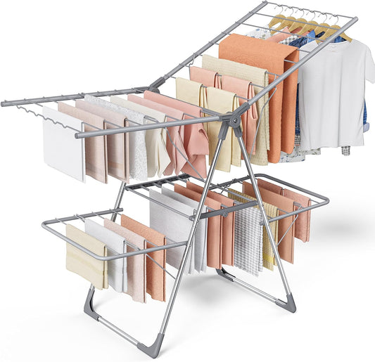 Clothes Drying Rack - Foldable Laundry Drying Rack for Clothing & Bedding, Easy-to-Assemble, Space-Saving Metal Airer with Non-Slip Feet, Indoor & Outdoor Use, 55.5"×22.8"×36.6", Gray - NestledHome