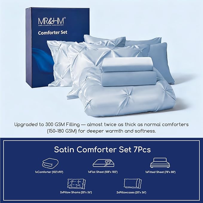 MR&HM Satin Comforter King 7 Pieces - Luxurious Pinch Pleat Bedding Set with Comforter, Flat Sheet, Fitted Sheet, Pillowcases & Shams, Super Silky Soft Bed Set for All Season (King, Blue Haze)