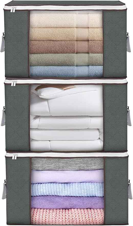 Large Storage Bags, 3 Pack Clothes Storage Bins Foldable Closet Organizers Storage Containers with Durable Handles Thick Fabric for Blanket Comforter Clothing Bedding 90 L (Gray)