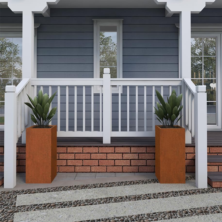 Corten Steel Tall Planter Box 14"x14"x30" Rusted Metal Spliced Planter